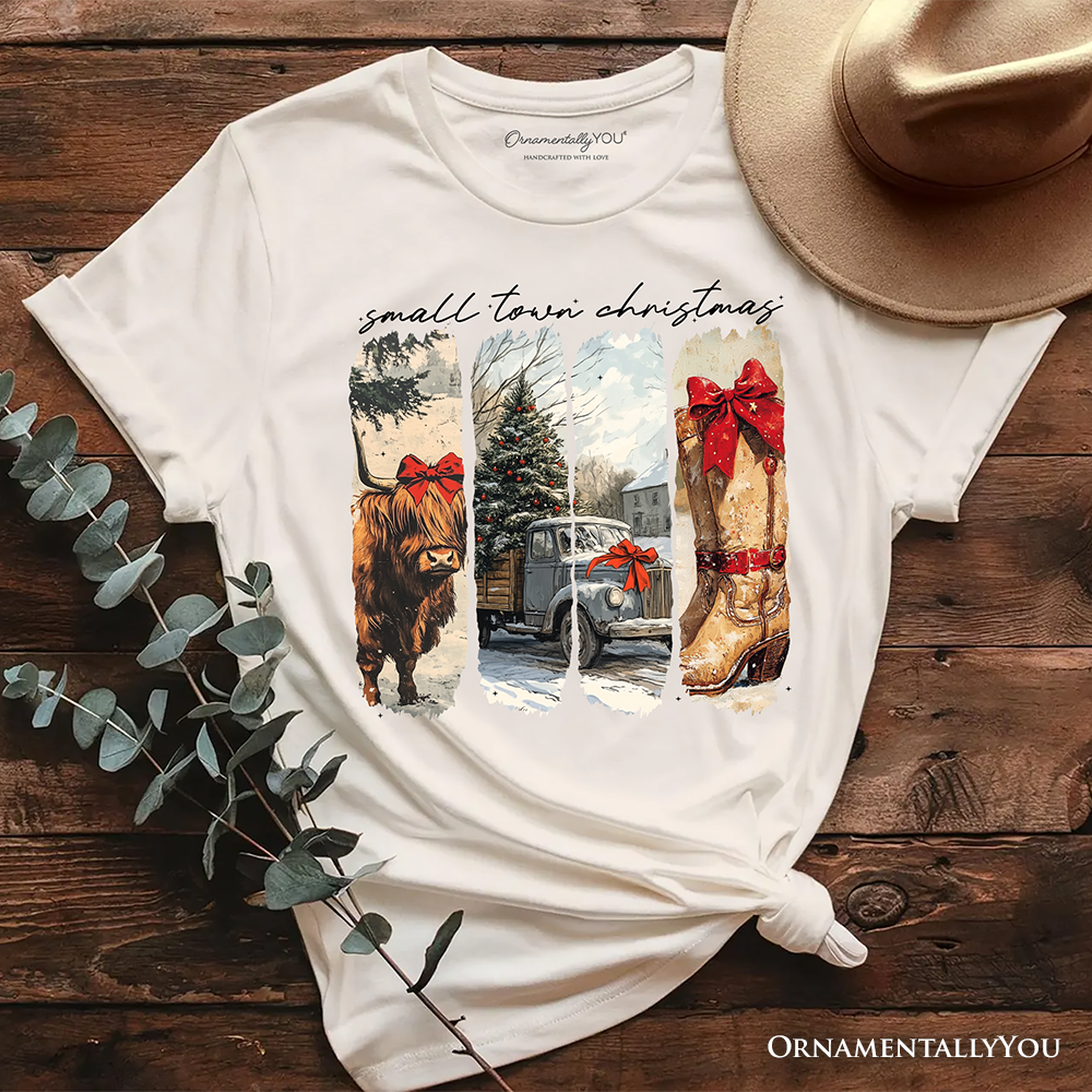 Small Town Christmas T‑Shirt, Highland Cow Rustic Western Cowgirl Holiday Tee