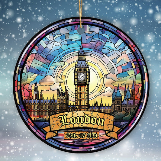 Elegant London Stained Glass Art Style Ornament, Vintage Big Ben Souvenir