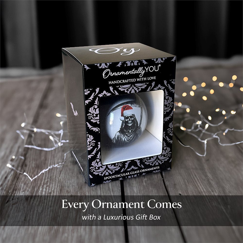 Grim Reaper Christmas Spooky Portrait Glass Ornament, Black Horror Halloween Tree Decoration