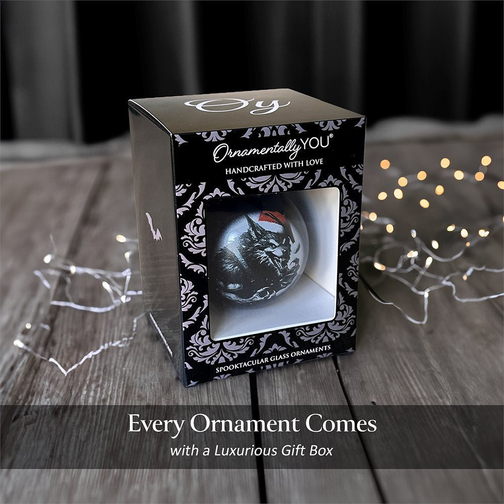 Werewolf Christmas Spooky Portrait Glass Ornament, Black Horror Halloween Tree Decoration
