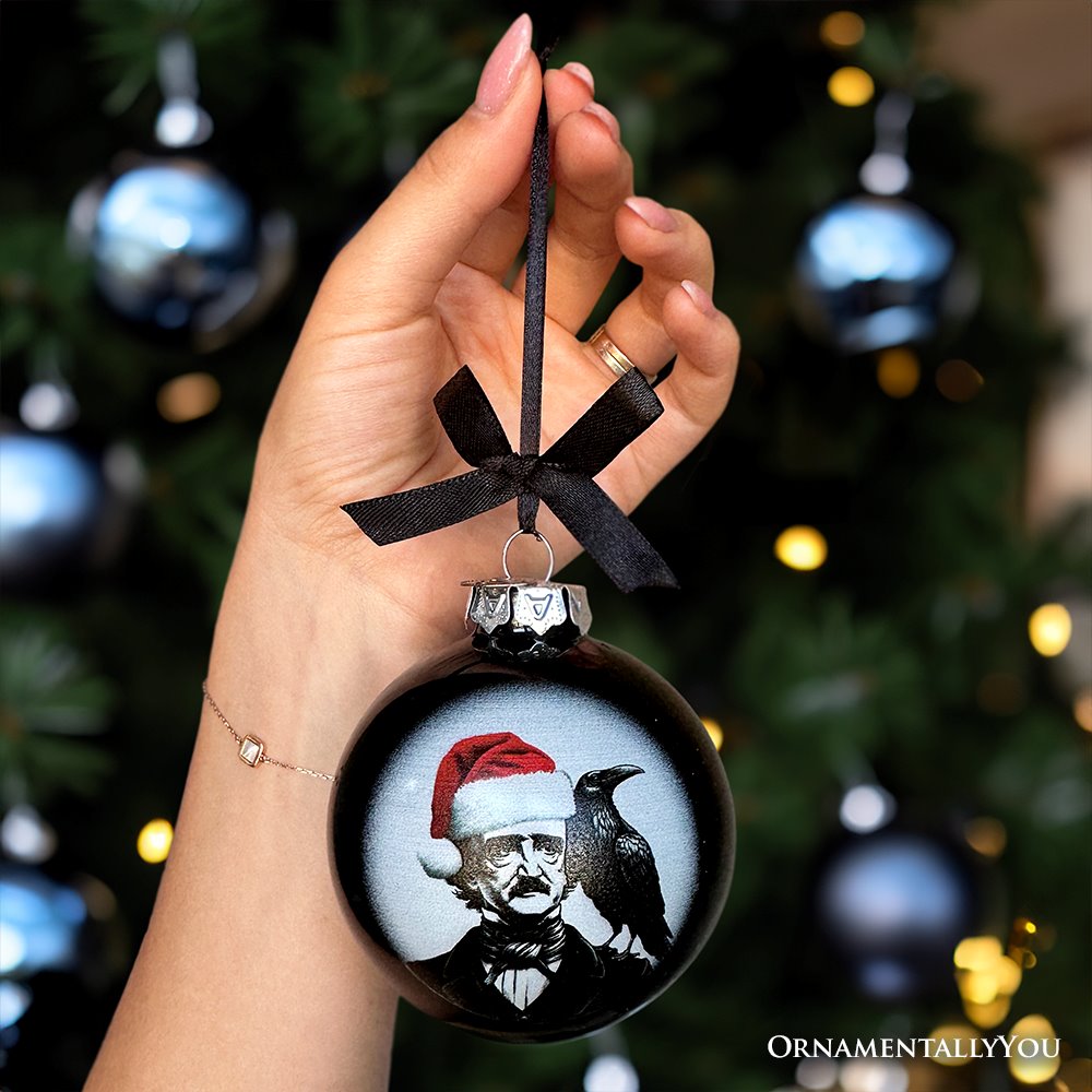 Edgar Allan Poe Spooky Christmas Portrait Glass Ornament, Black Horror Halloween Tree Decoration
