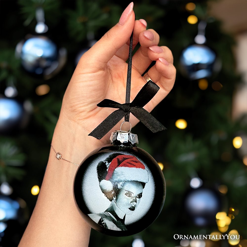 Frankenstein's Bride Christmas Spooky Portrait Glass Ornament, Black Horror Halloween Tree Decoration