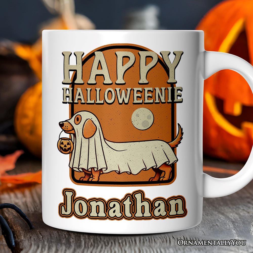 Happy Halloweenie, Personalized Halloween Mug, Retro Halloween Dachshund Gift with Custom Name