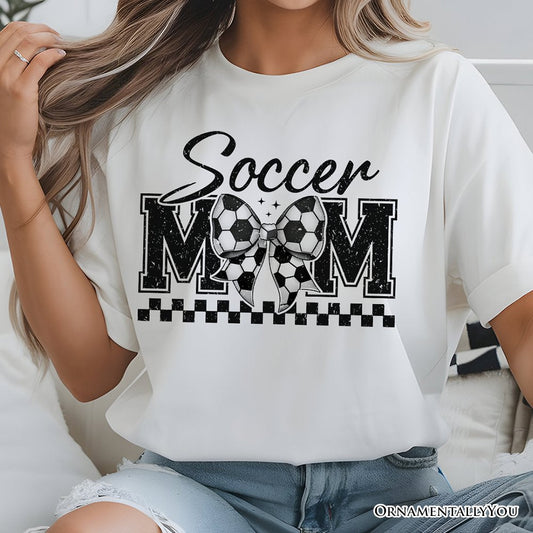 Soccer Mom Coquette Bow Retro T-Shirt, Stylish Game Day White Tee for Trendy and Proud Sports Mothers