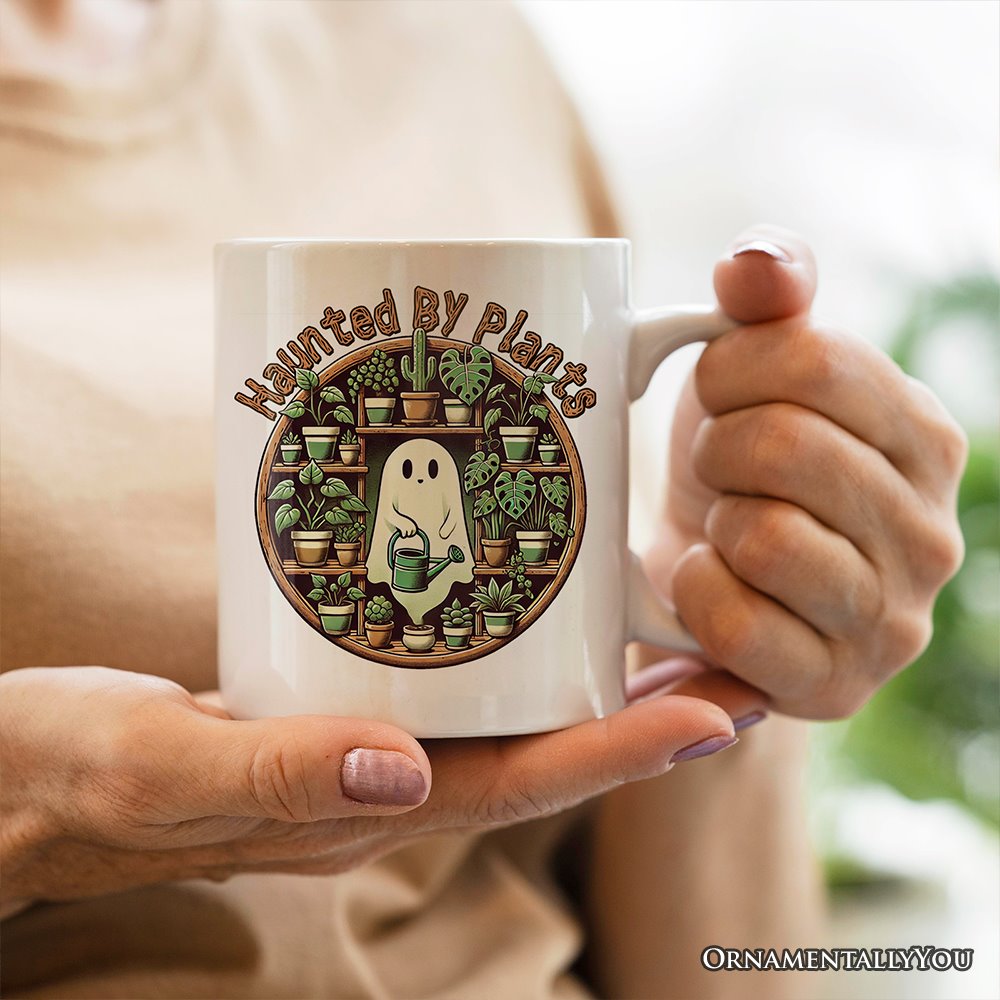 Green Thumb Ghost, Personalized Halloween Mug, Haunted by Plants, Fun Gardener Gift with Custom Name