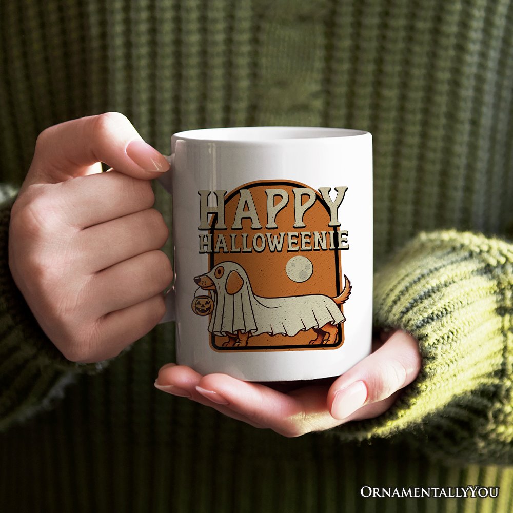 Happy Halloweenie, Personalized Halloween Mug, Retro Halloween Dachshund Gift with Custom Name