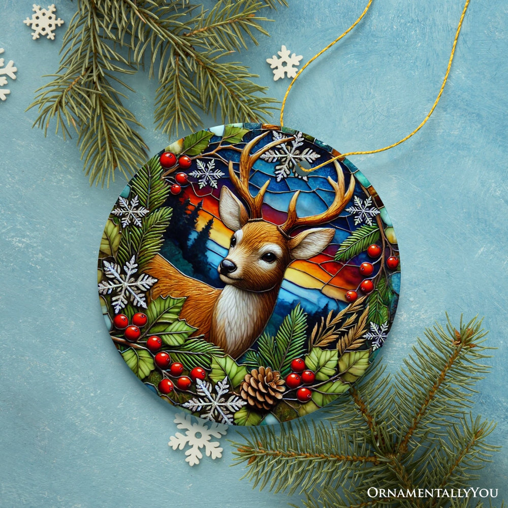 Majestic Winter Deer in Holly Branches Ornament, Enchanting Holiday Wonderland for Christmas Tree Decor