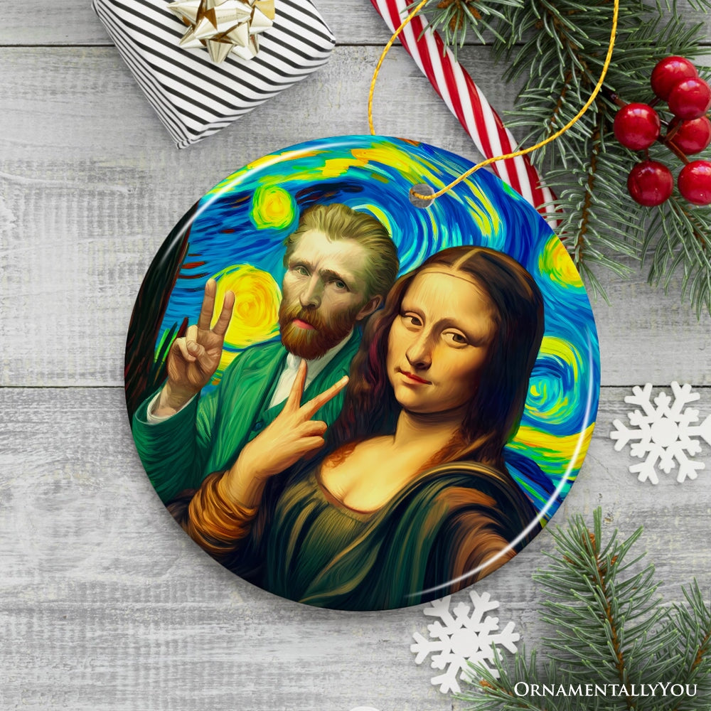 Mona Lisa And Vincent Van Gogh Starry Night Date Selfie Ceramic Ornament, Famous Art Decor And Souvenir