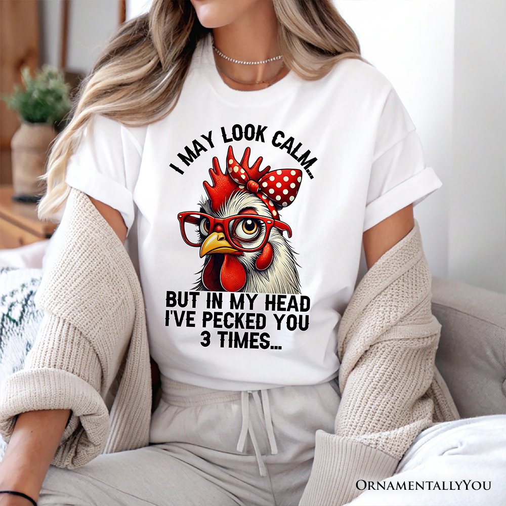 Pecking Chicken T-Shirt, Red Glasses and Bow White Tee for Sassy Women