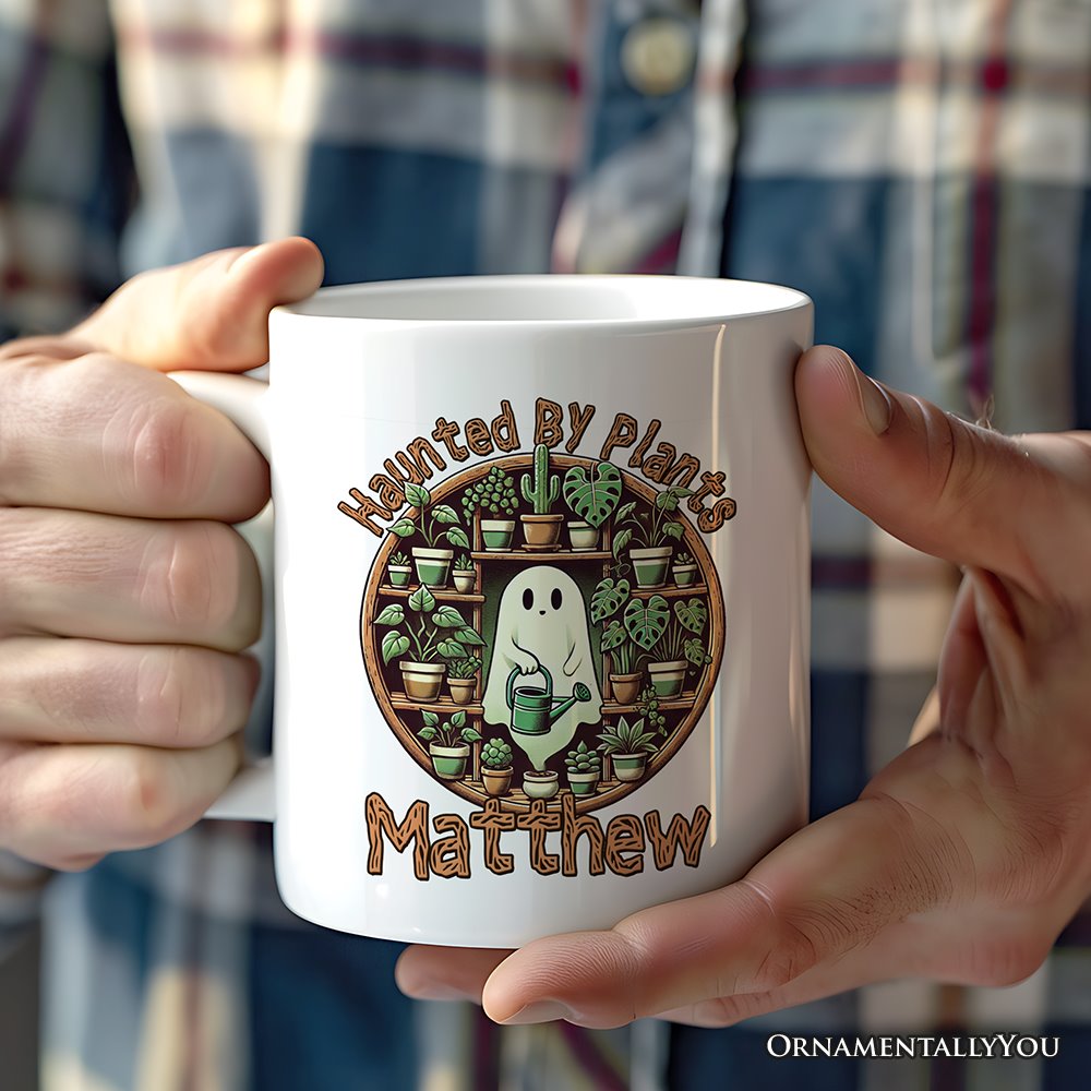 Green Thumb Ghost, Personalized Halloween Mug, Haunted by Plants, Fun Gardener Gift with Custom Name