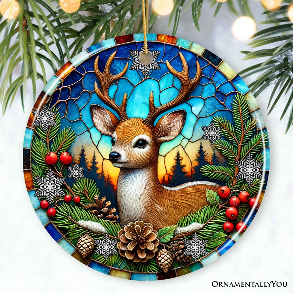 Majestic Winter Deer in Holly Branches Ornament, Enchanting Holiday Wonderland for Christmas Tree Decor