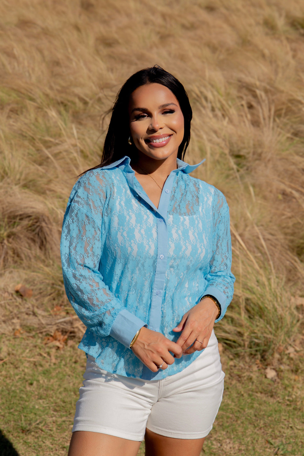 Kathryn Classic Button-Up Blouse, Blue Lace | Grace+Emma