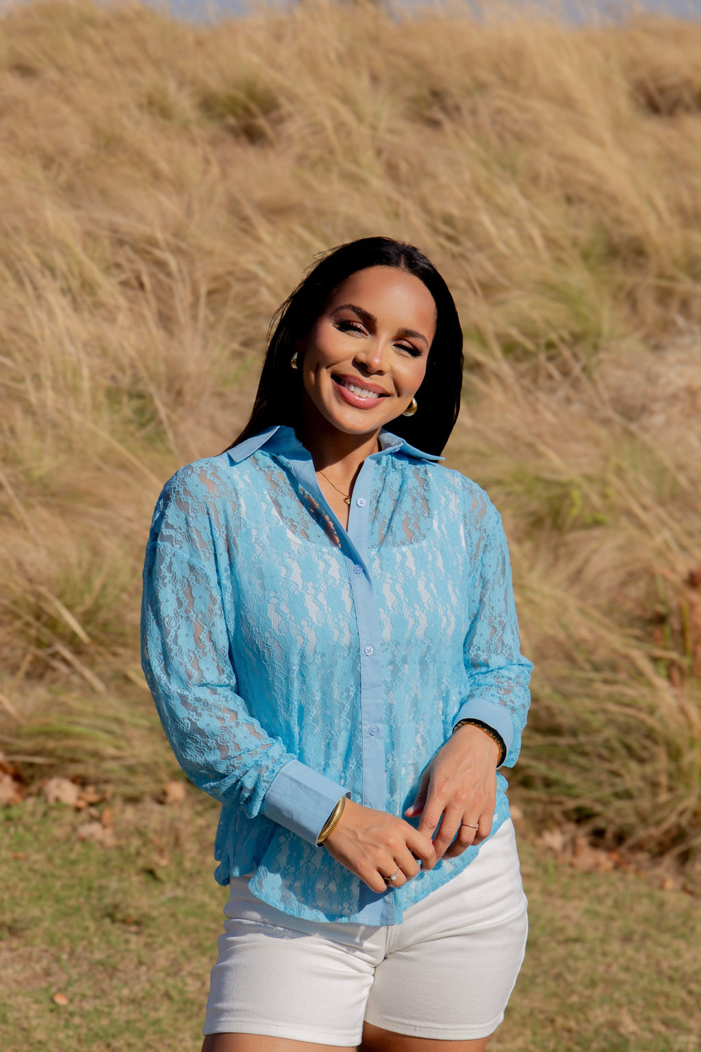 Kathryn Classic Button-Up Blouse, Blue Lace | Grace+Emma