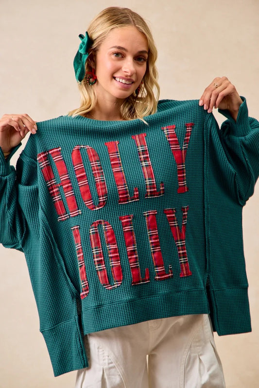 CHRISTMAS PLAID HOLLY JOLLY LETTERING SWEATSHIRT