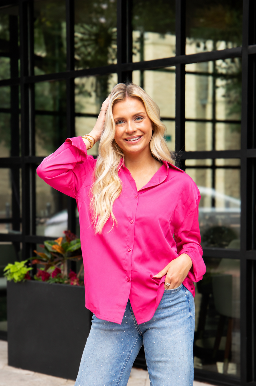 Kathryn Classic Button-Up Shirt, Hot Pink | Grace+Emma