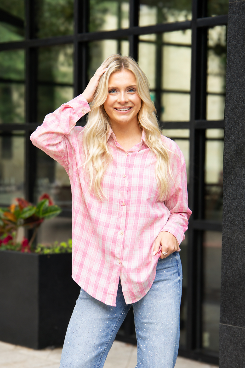 Kathryn Classic Button-Up Shirt, Pink Plaid | Grace+Emma