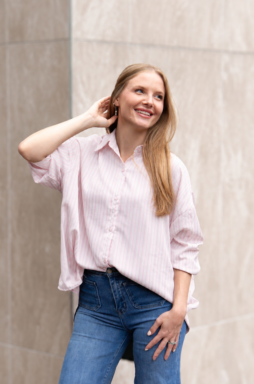 Kathryn Classic Button-Up Shirt, Striped Pink | Grace+Emma