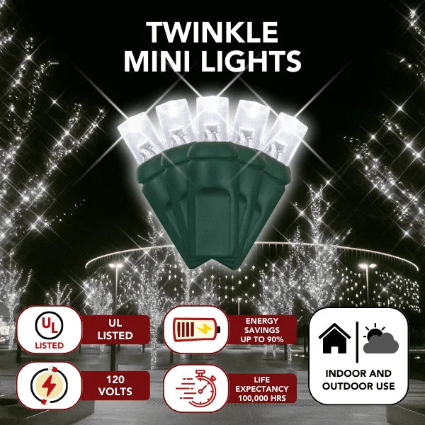 LED Mini Lights 5MM Pure White Twinkle Green Wire  6" Spacing