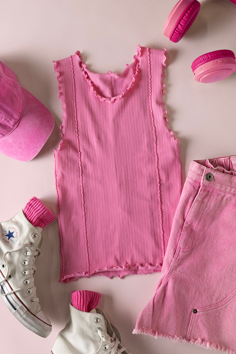 Rose Pink Lettuce Hem Knit Tank Top | Fitted Round Neck Top | Very J