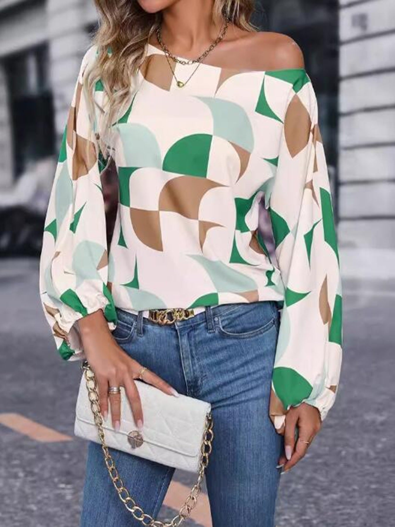 Geometric Print Lantern Sleeves Top