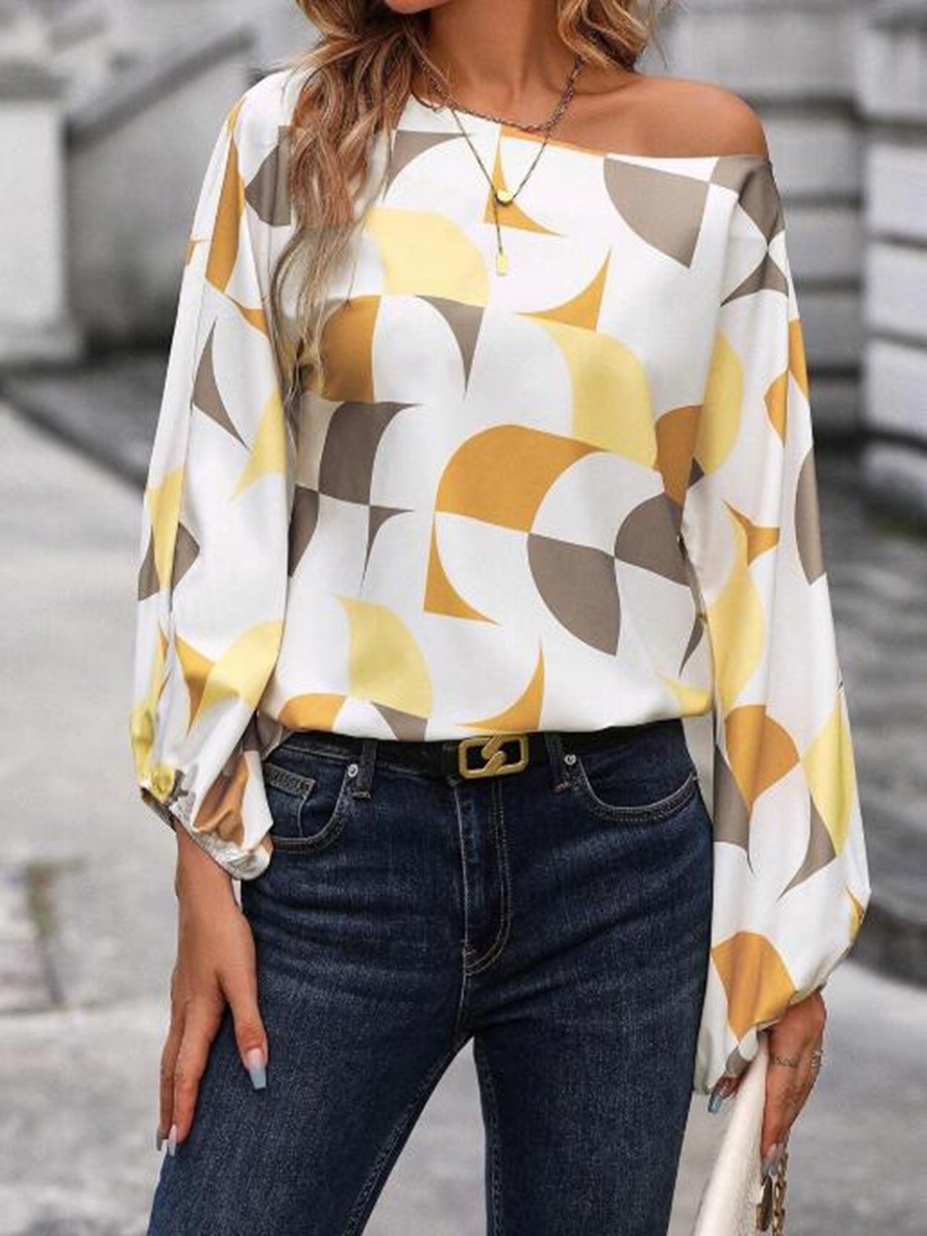 Geometric Print Lantern Sleeves Top