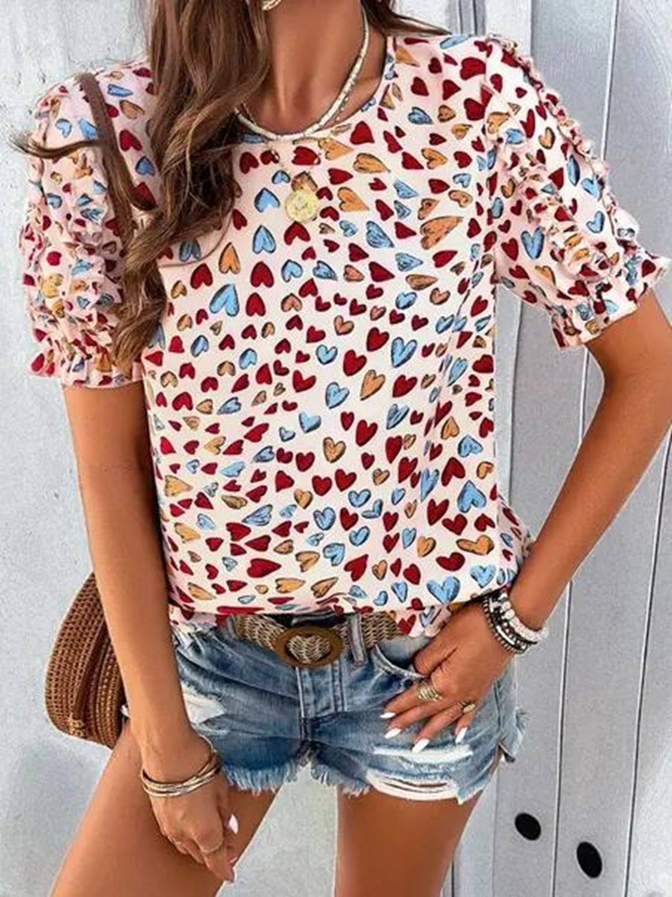 Round neck heart print ruffled sleeve top