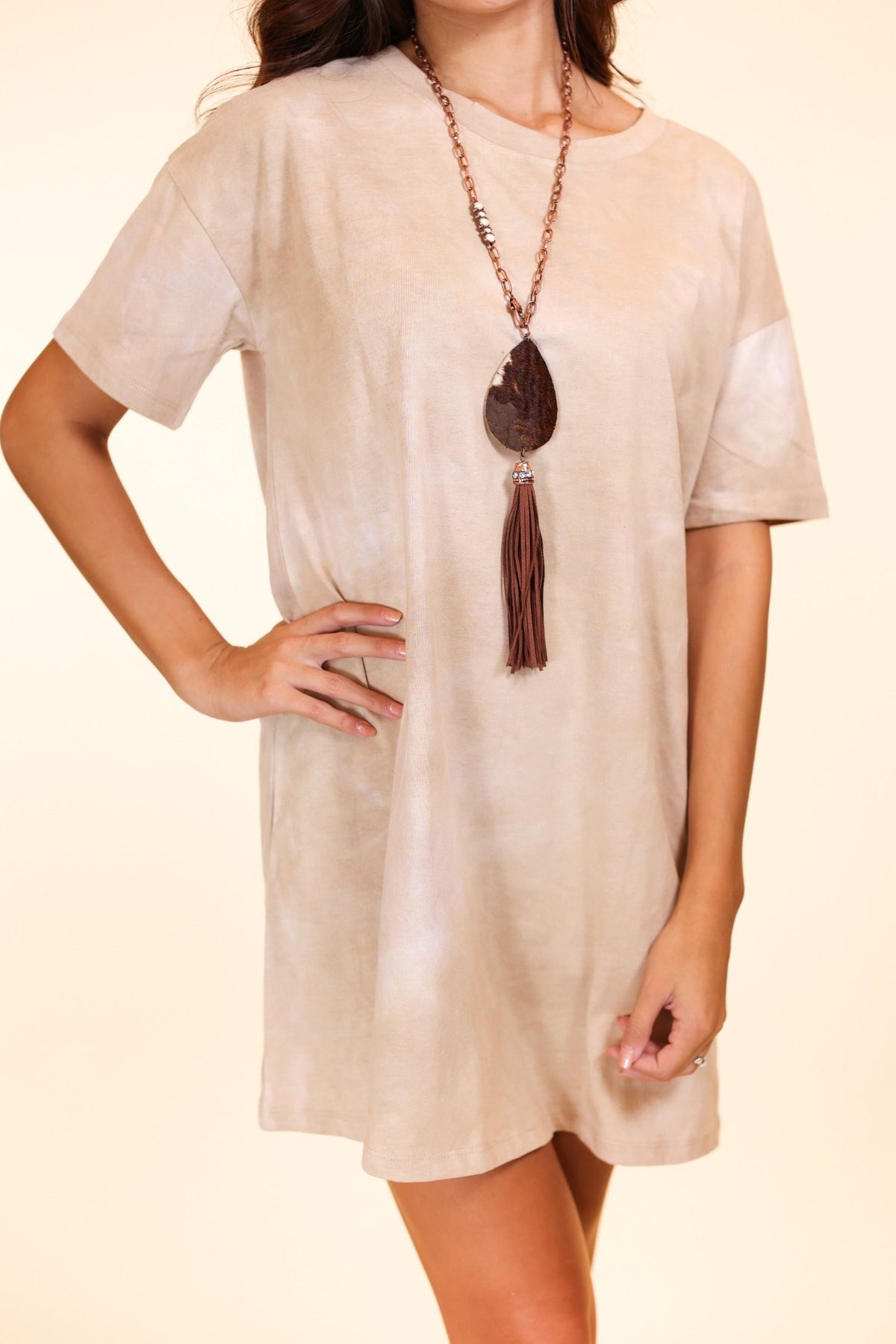Adventuresome Beige Tie Dye T-Shirt Dress | Grace+Emma Casual Everyday Dress | One Size & Plus Size