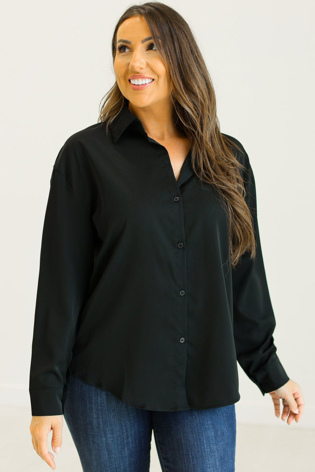 Kathryn Classic Button-Up Shirt, Black | Grace+Emma