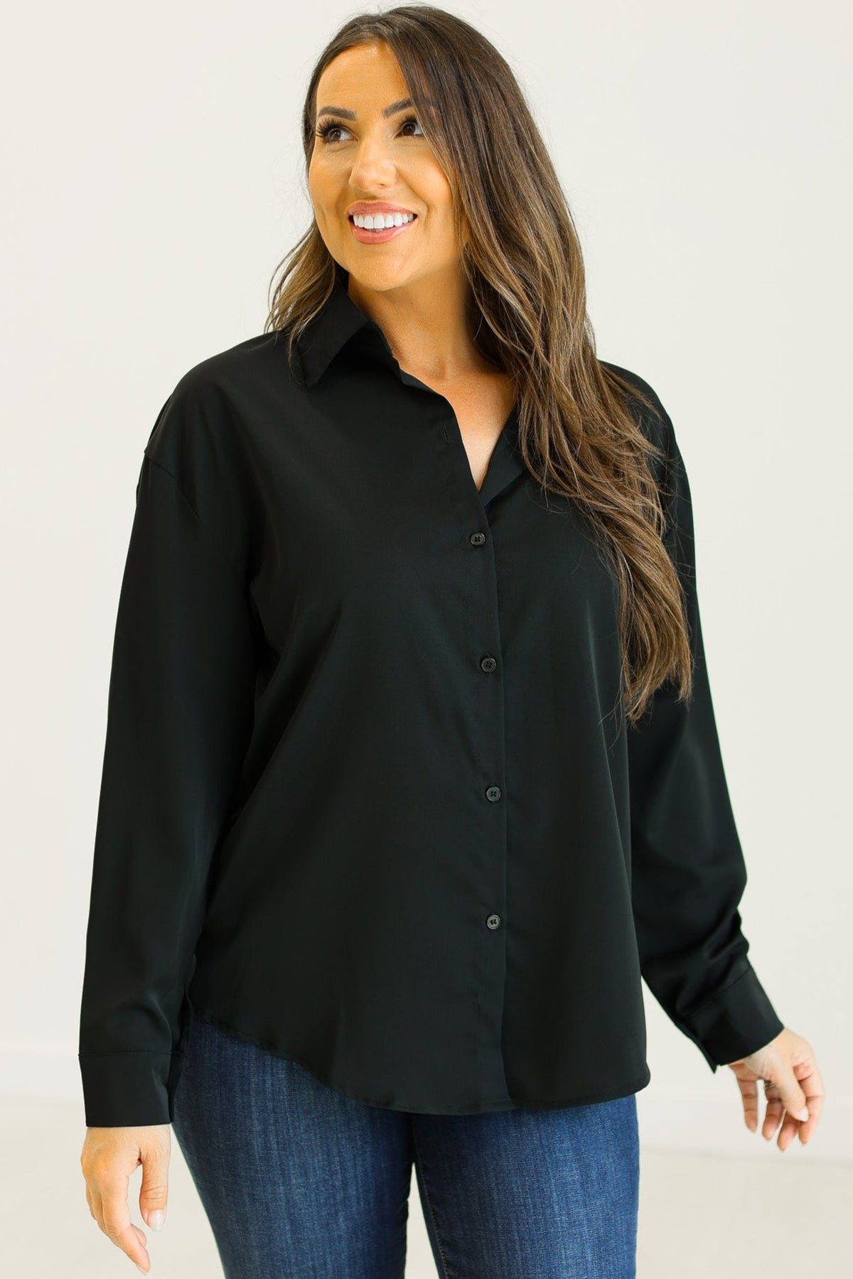 Kathryn Classic Button-Up Shirt, Black | Grace+Emma
