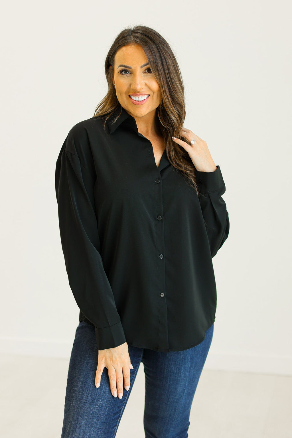 Kathryn Classic Button-Up Shirt, Black | Grace+Emma