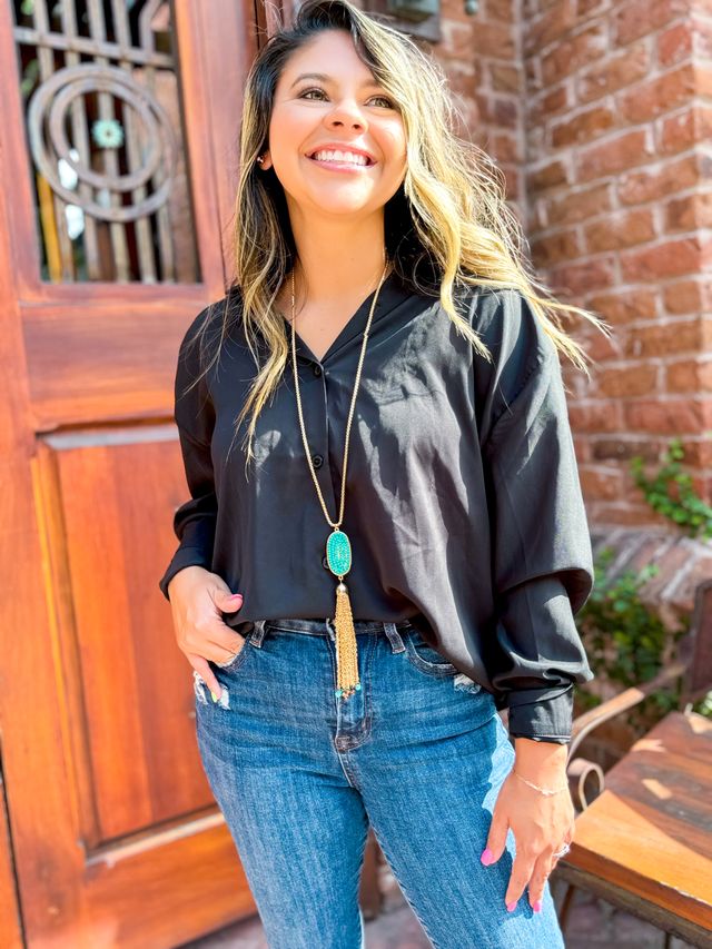 Kathryn Classic Button-Up Shirt, Black | Grace+Emma