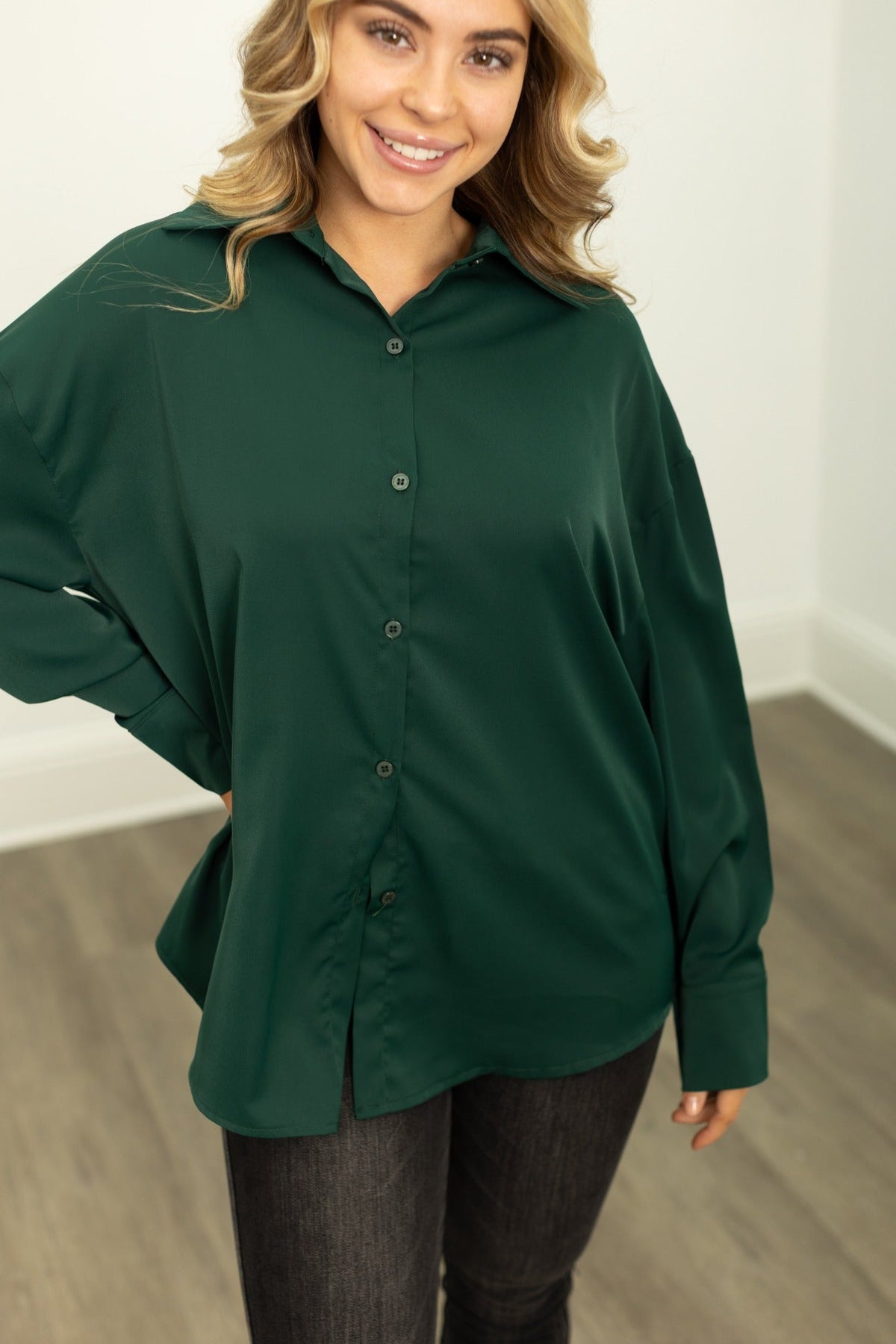 Kathryn Classic Button-Up Shirt, Forest Green | Grace+Emma