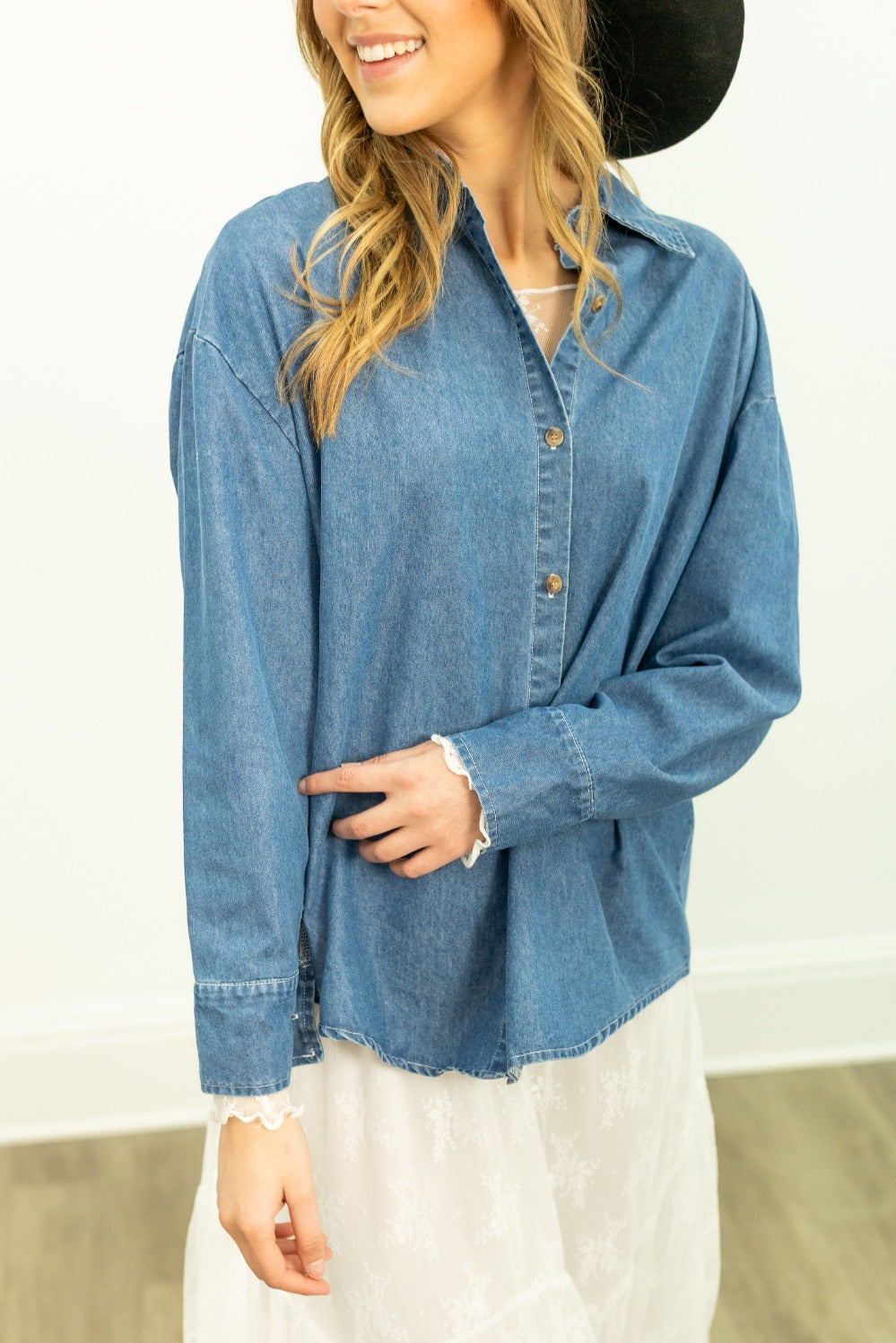 Kathryn Classic Button-Up Shirt, Chambray Blue | Grace+Emma