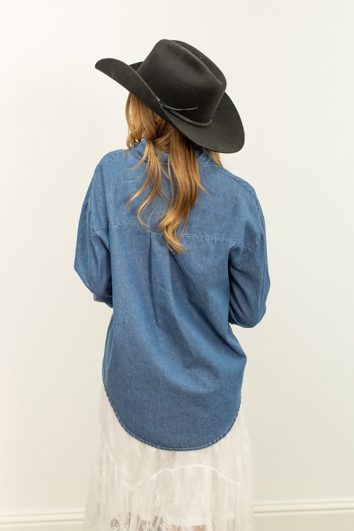 Kathryn Classic Button-Up Shirt, Chambray Blue | Grace+Emma