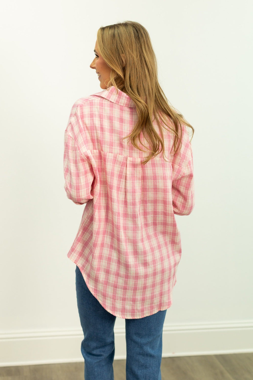 Kathryn Classic Button-Up Shirt, Pink Plaid | Grace+Emma
