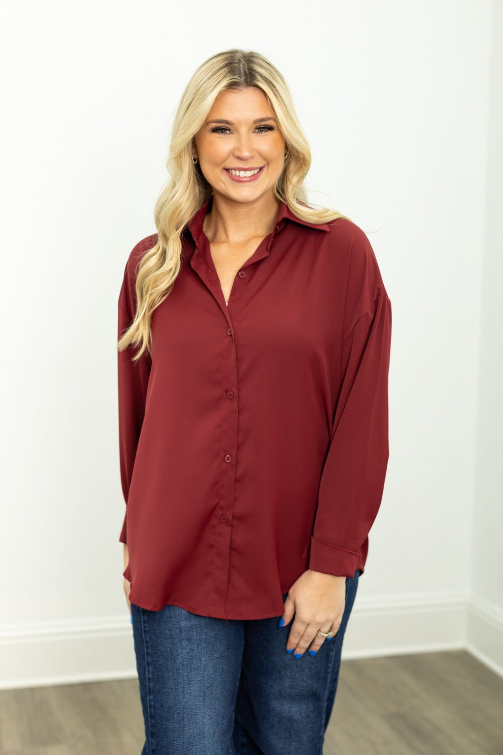 Kathryn Classic Button-Up Shirt, Maroon | Grace+Emma