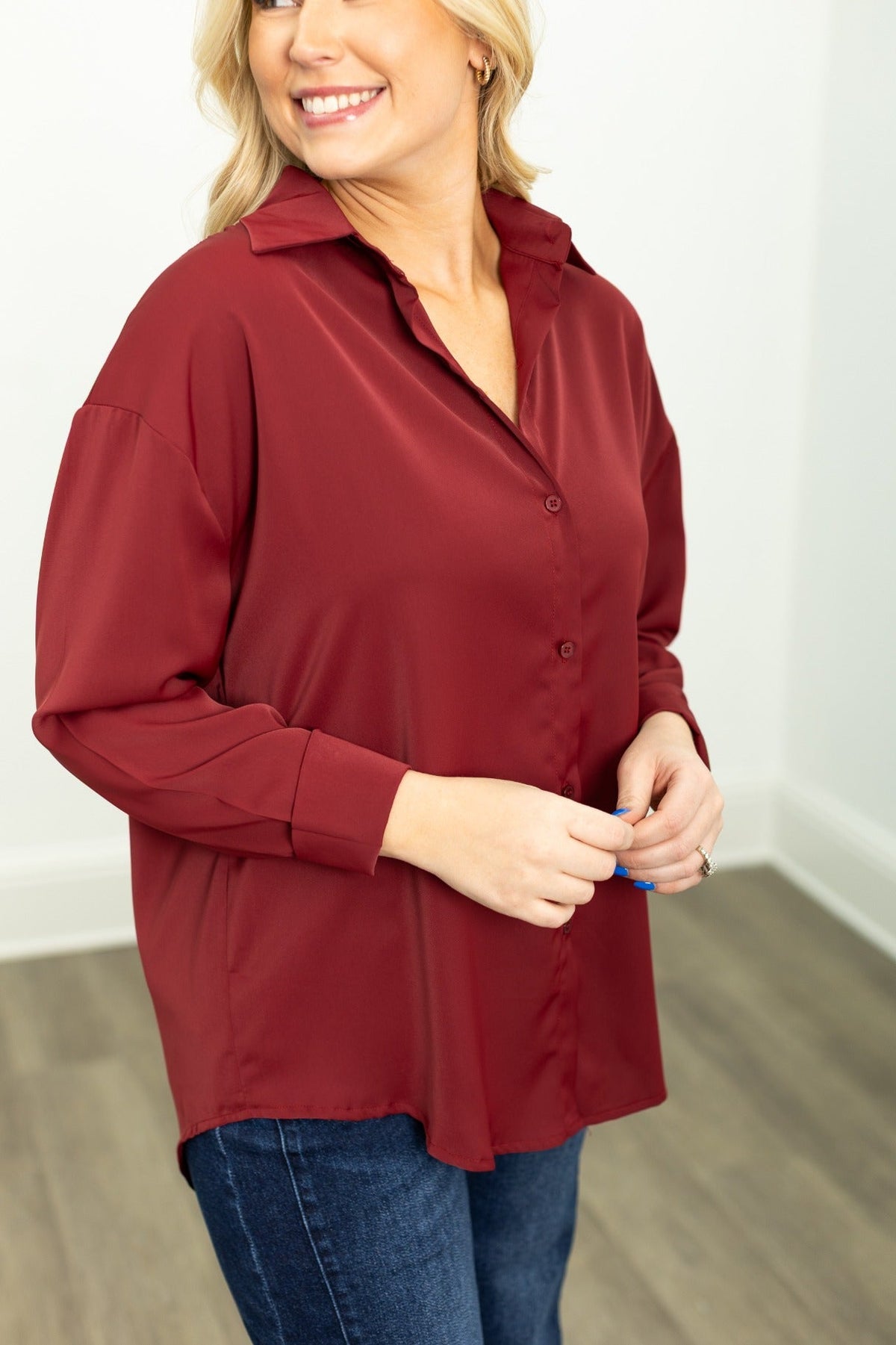 Kathryn Classic Button-Up Shirt, Maroon | Grace+Emma