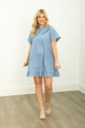Chambray Dress with Wide Collar | Blue Oversized Collar Ruffle Hem Boutique Dress with Pockets