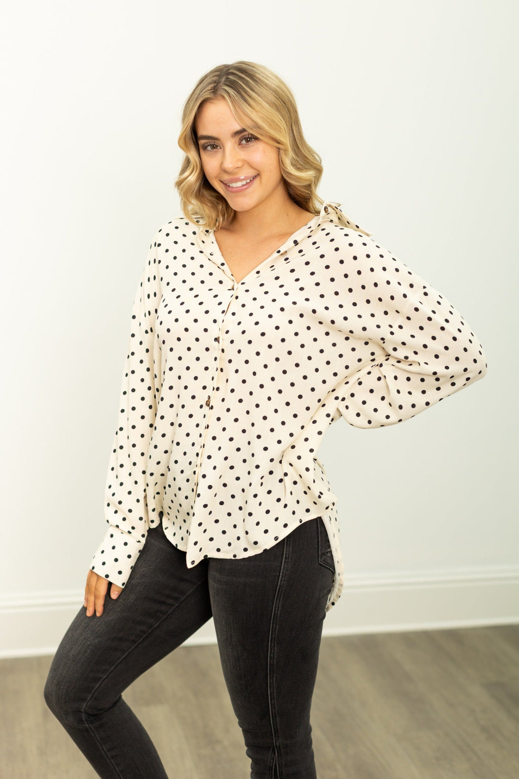 Kathryn Classic Button-Up Shirt, Ivory Polka-Dot | Grace+Emma