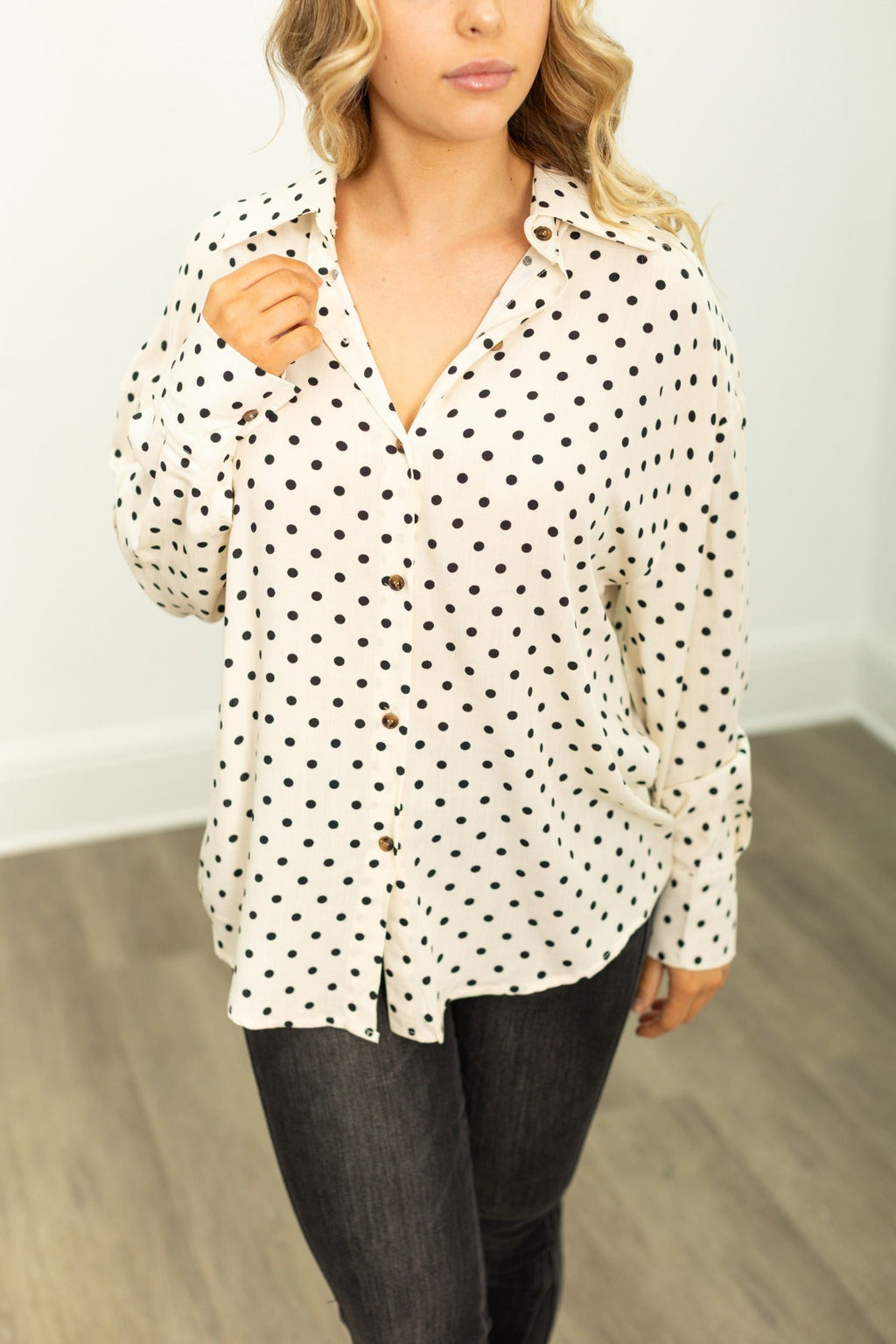 Kathryn Classic Button-Up Shirt, Ivory Polka-Dot | Grace+Emma