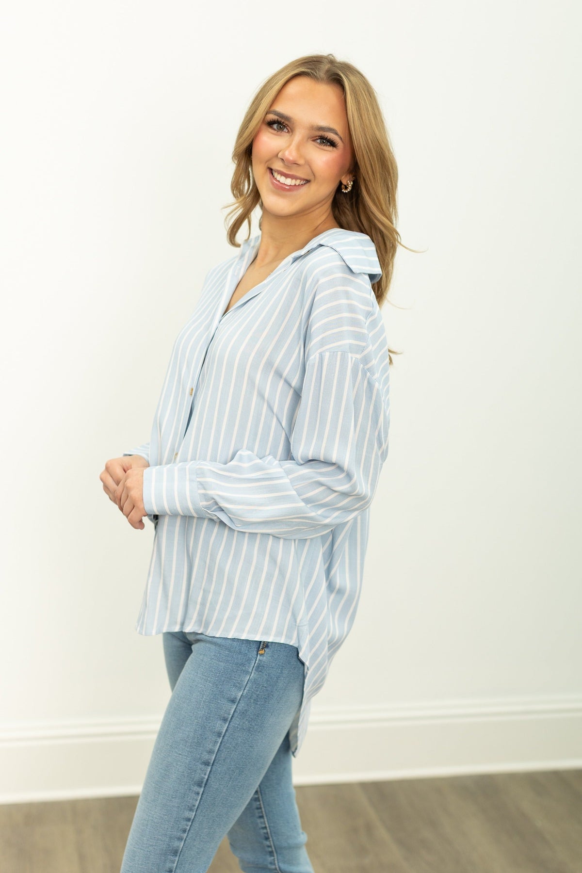Kathryn Classic Button-Up Shirt, Blue Stripes | Grace+Emma