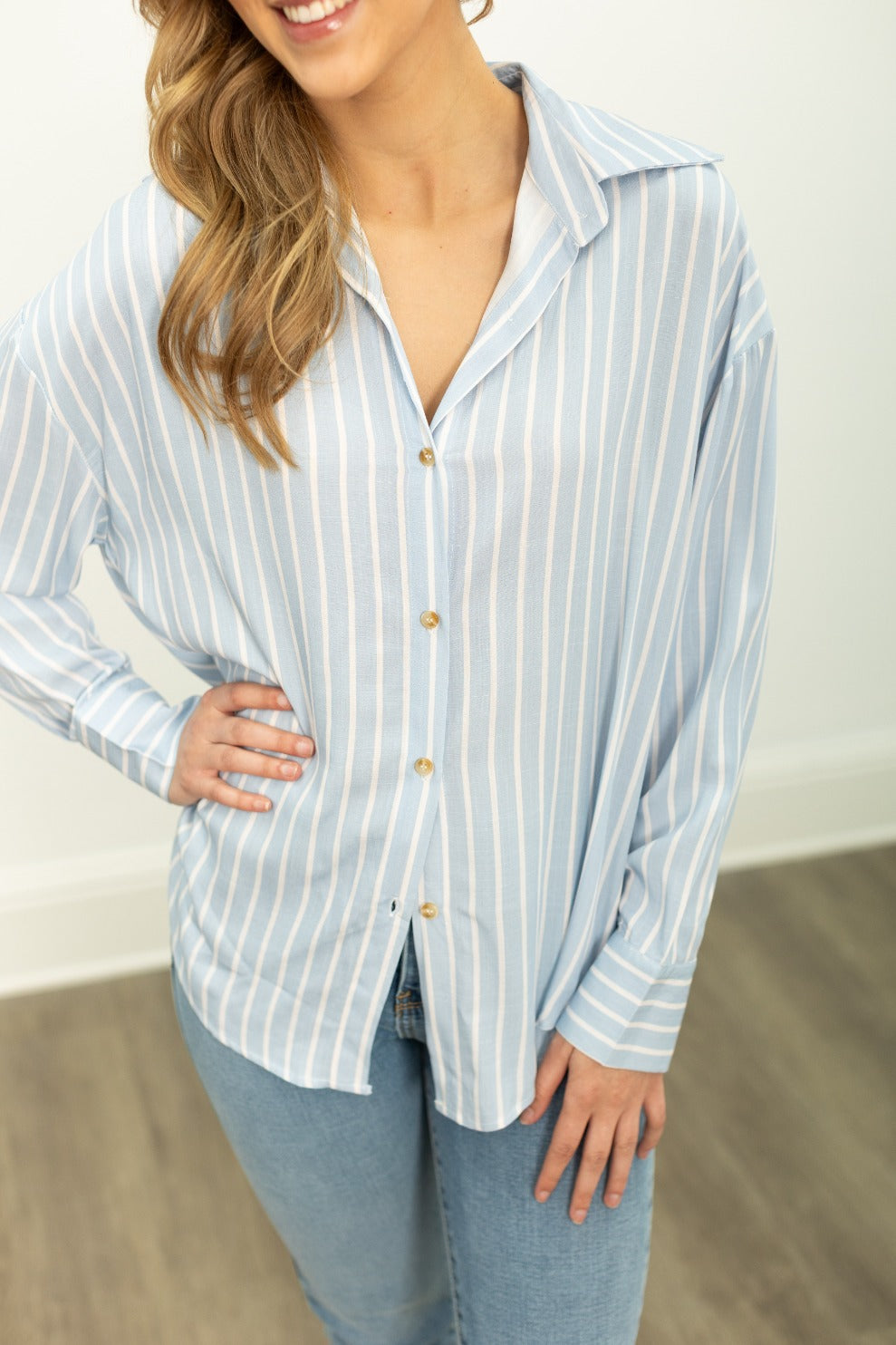 Kathryn Classic Button-Up Shirt, Blue Stripes | Grace+Emma