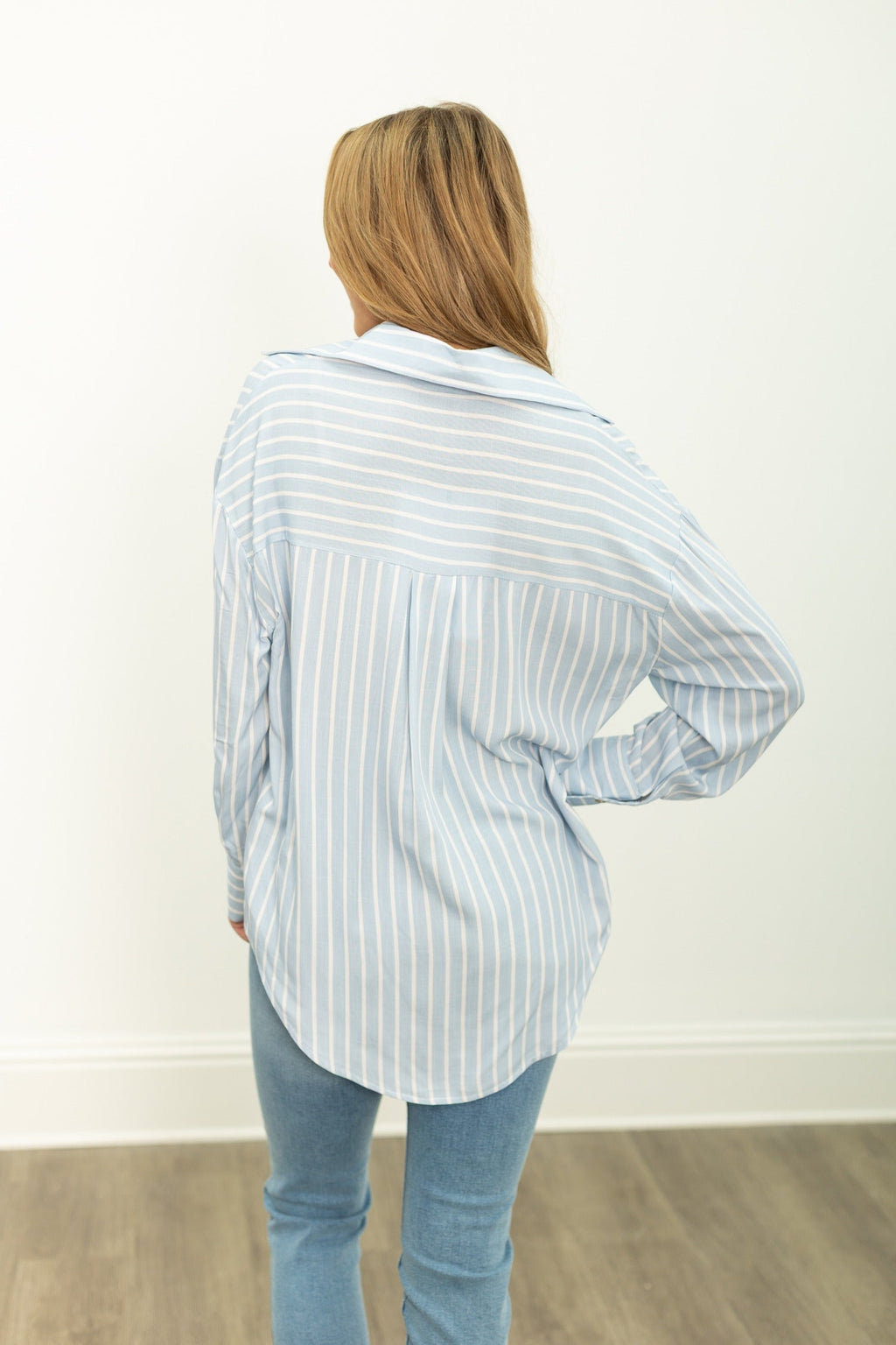 Kathryn Classic Button-Up Shirt, Blue Stripes | Grace+Emma