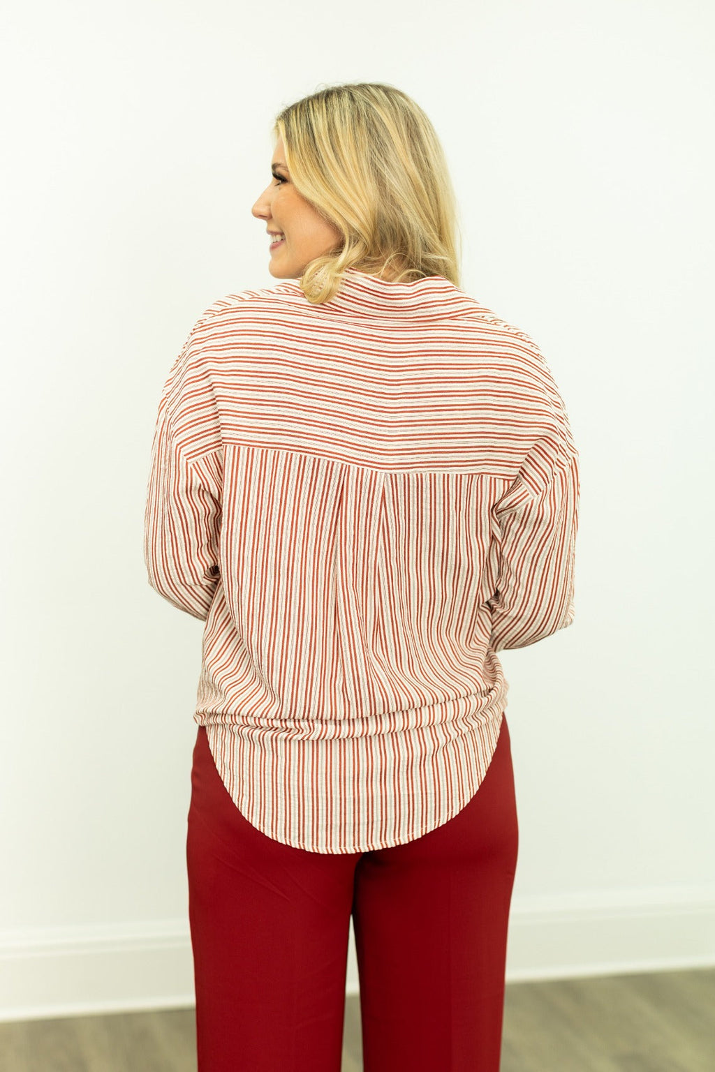 Kathryn Classic Button-Up Shirt, Red Stripes | Grace+Emma