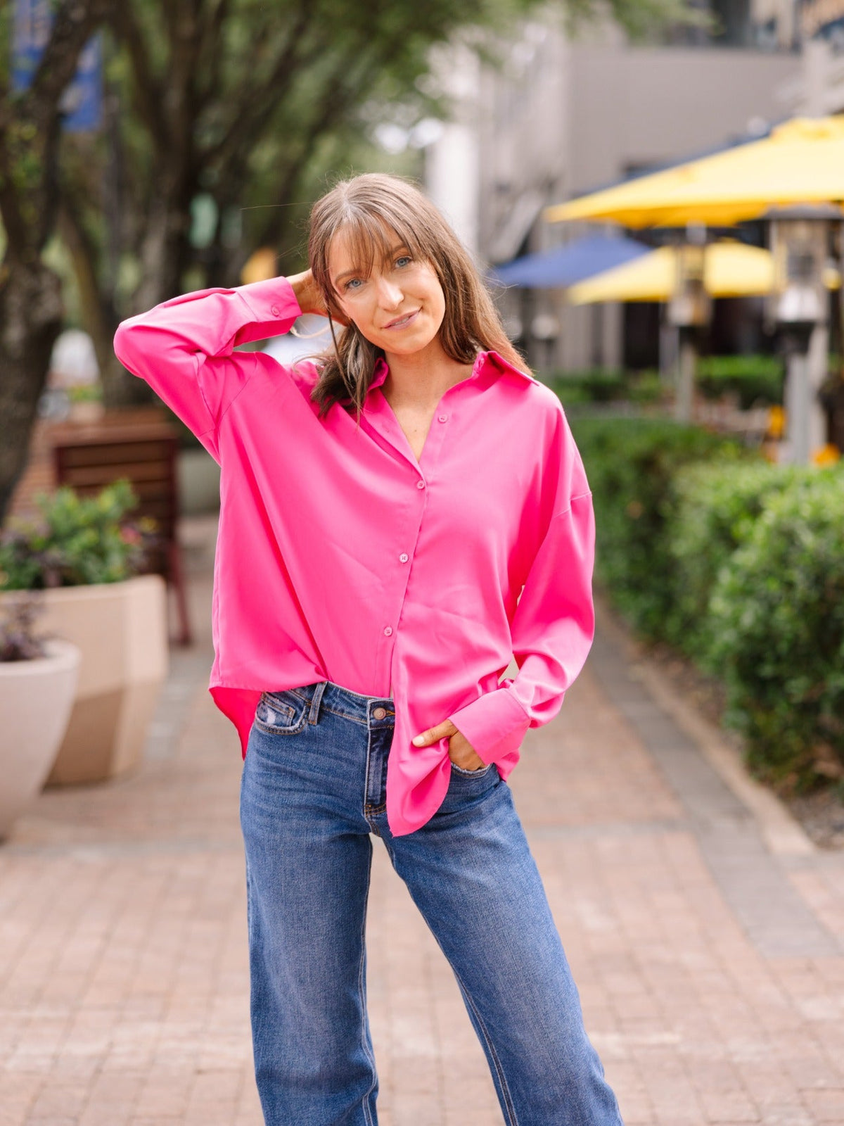 Kathryn Classic Button-Up Shirt, Hot Pink | Grace+Emma