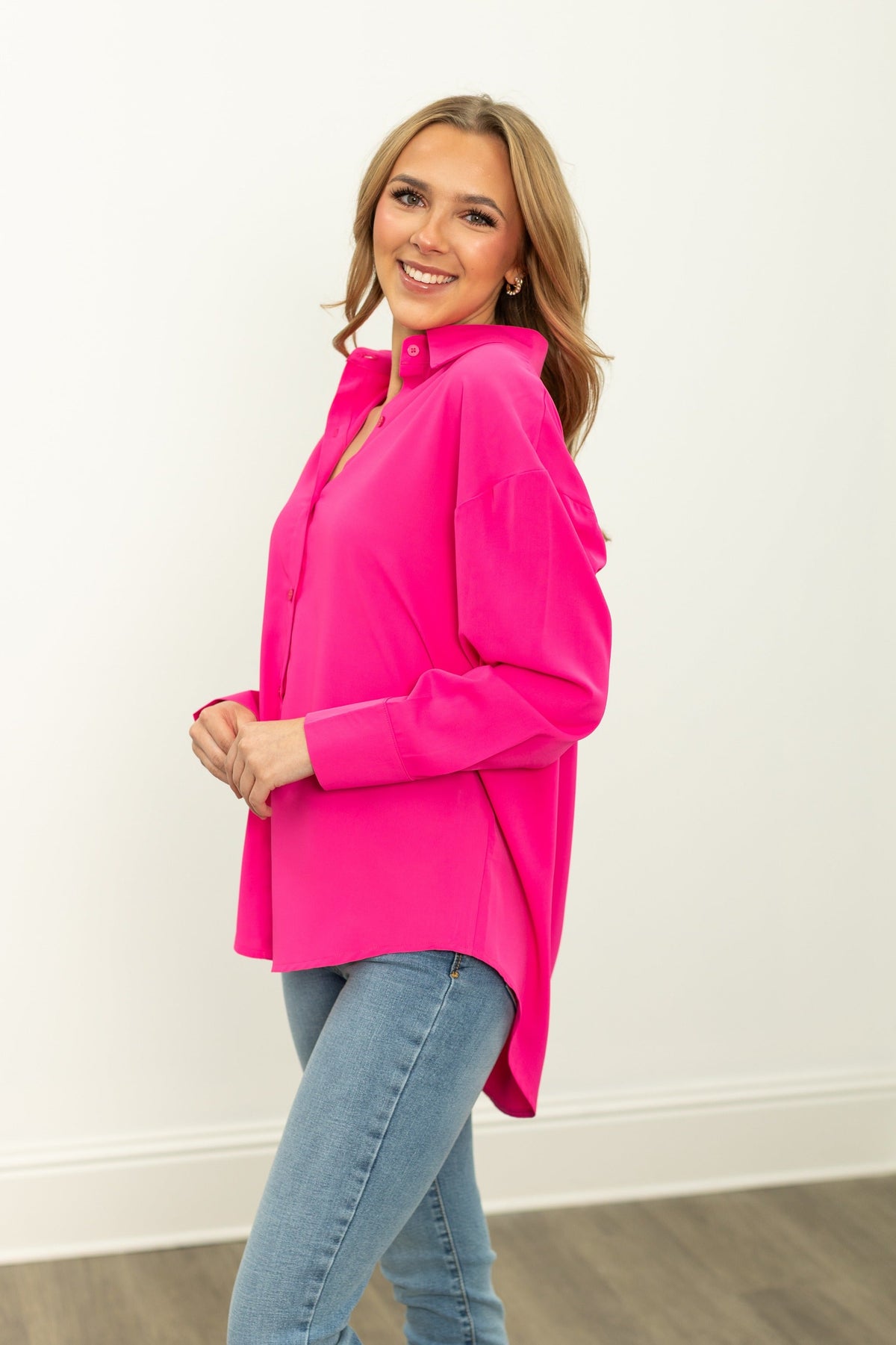Kathryn Classic Button-Up Shirt, Hot Pink | Grace+Emma
