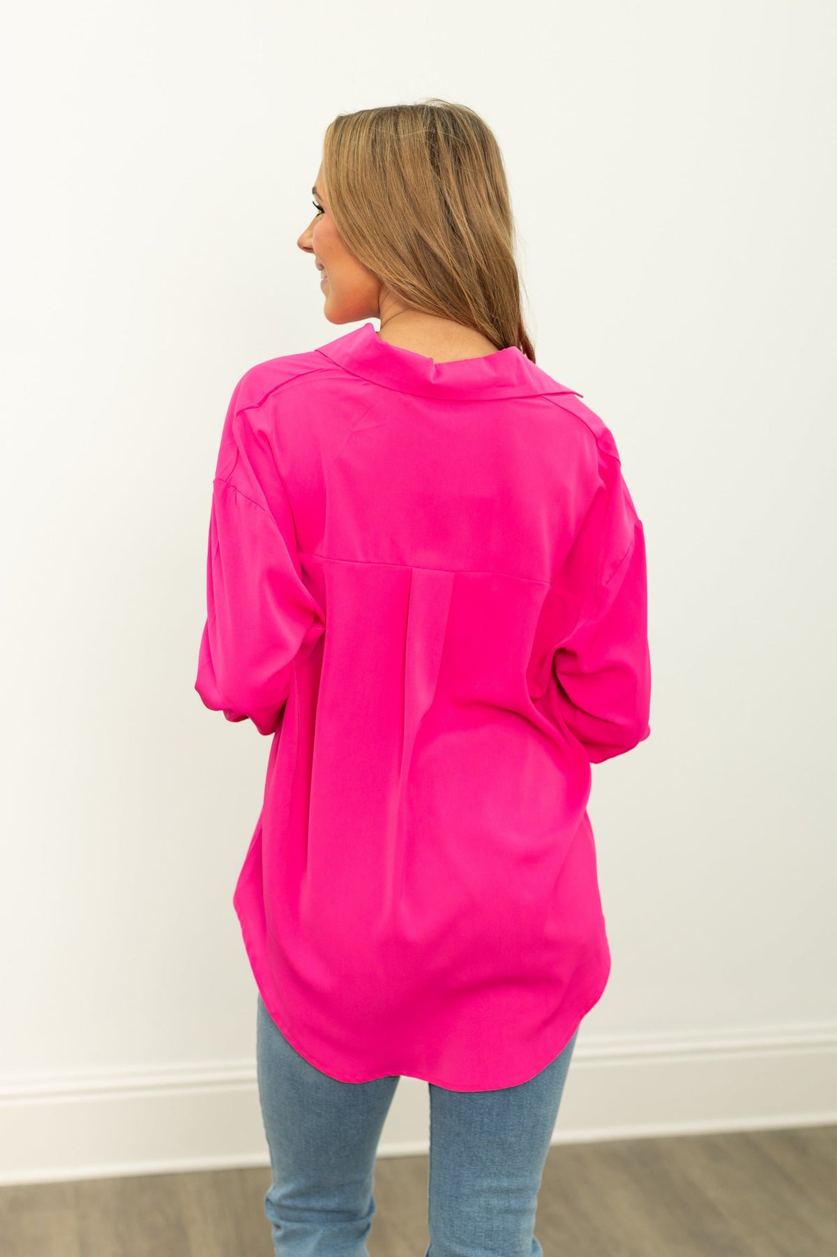 Kathryn Classic Button-Up Shirt, Hot Pink | Grace+Emma