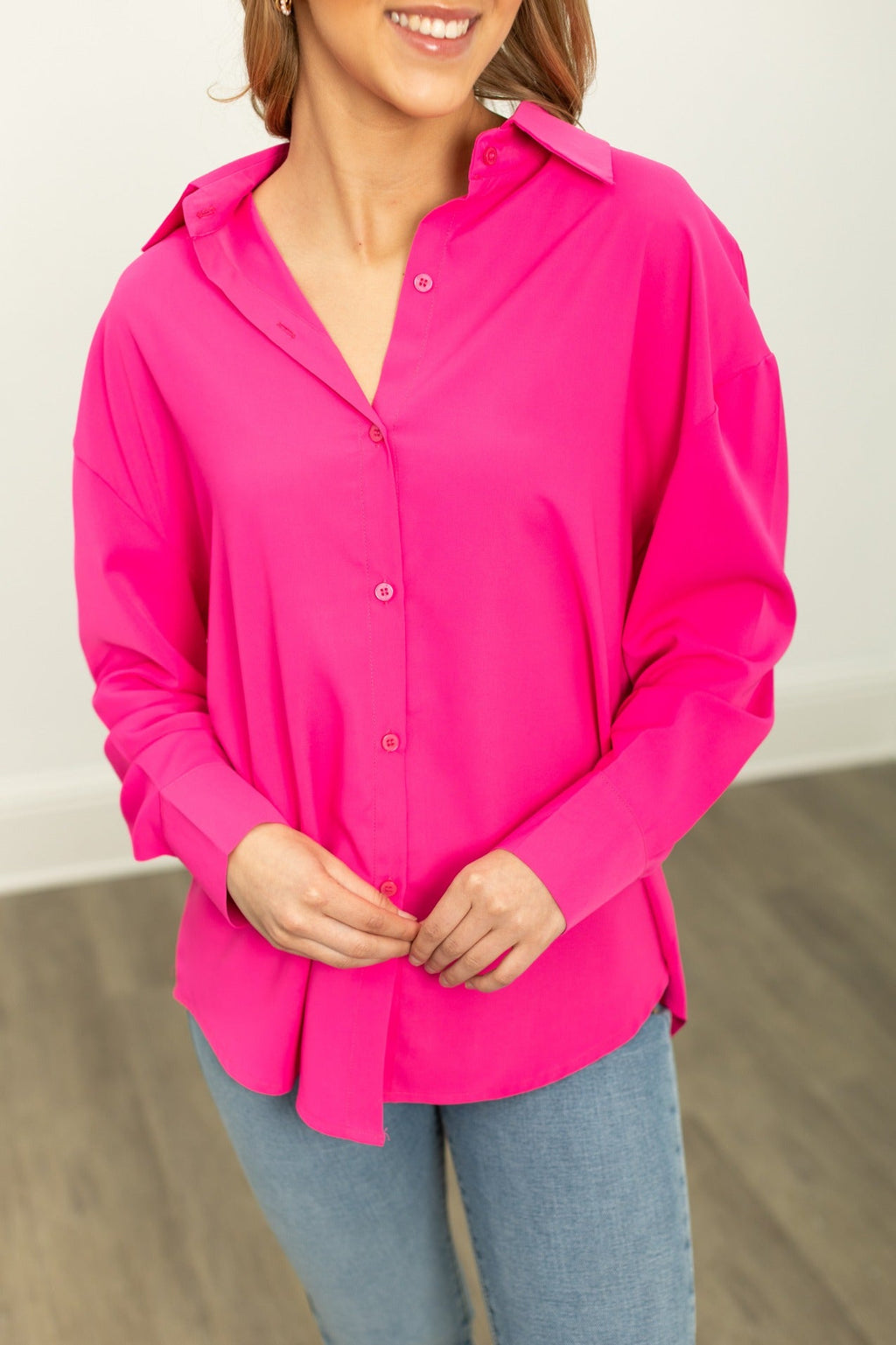 Kathryn Classic Button-Up Shirt, Hot Pink | Grace+Emma