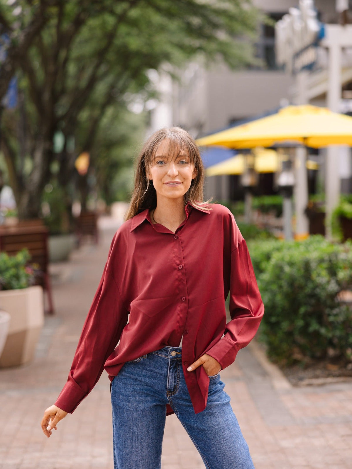 Kathryn Classic Button-Up Shirt, Maroon | Grace+Emma