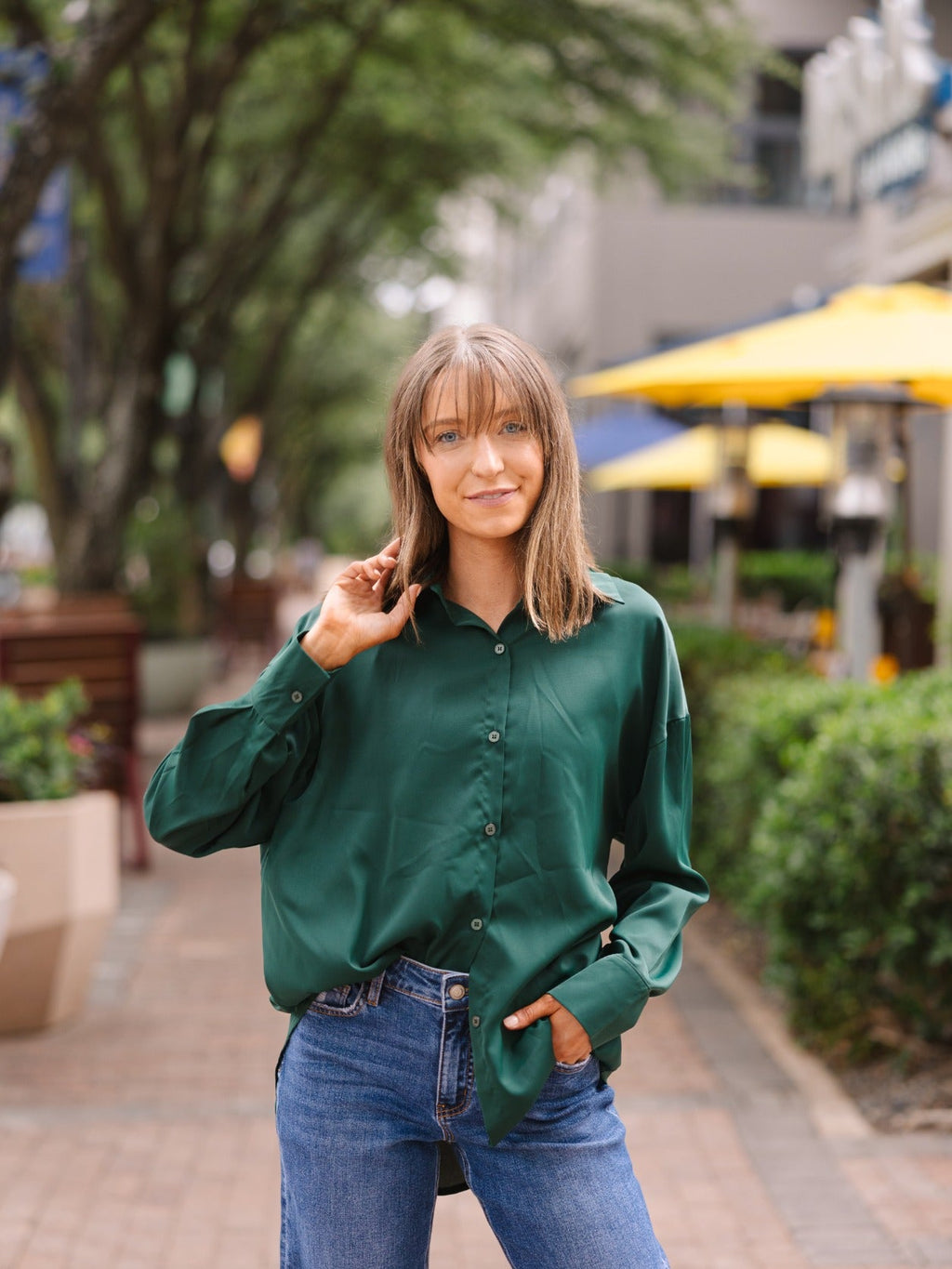 Kathryn Classic Button-Up Shirt, Forest Green | Grace+Emma